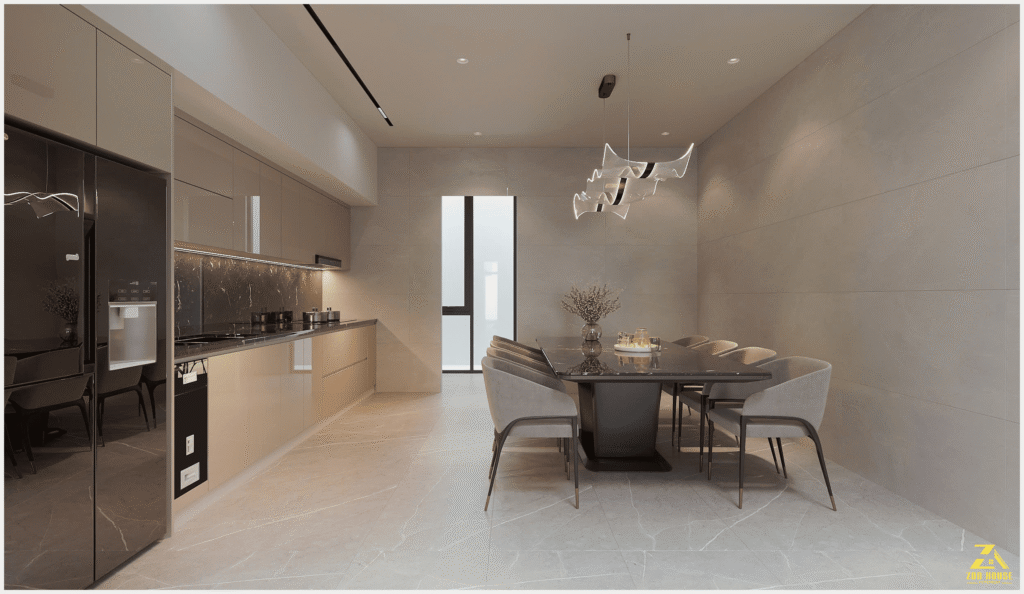 Bàn ăn mặt đá đen kết hợp cùng bộ ghế bọc nệm cao cấp tạo nên điểm nhấn sang trọng cho căn phòng