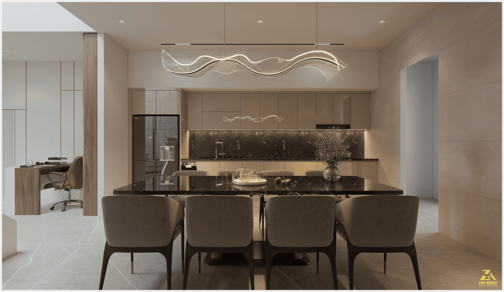 Nội thất phòng bếp gây ấn tượng mạnh mẽ bởi mặt bàn đá đen vân mây cùng hệ tủ bếp phẳng mịn mang vẻ đẹp thời thượng