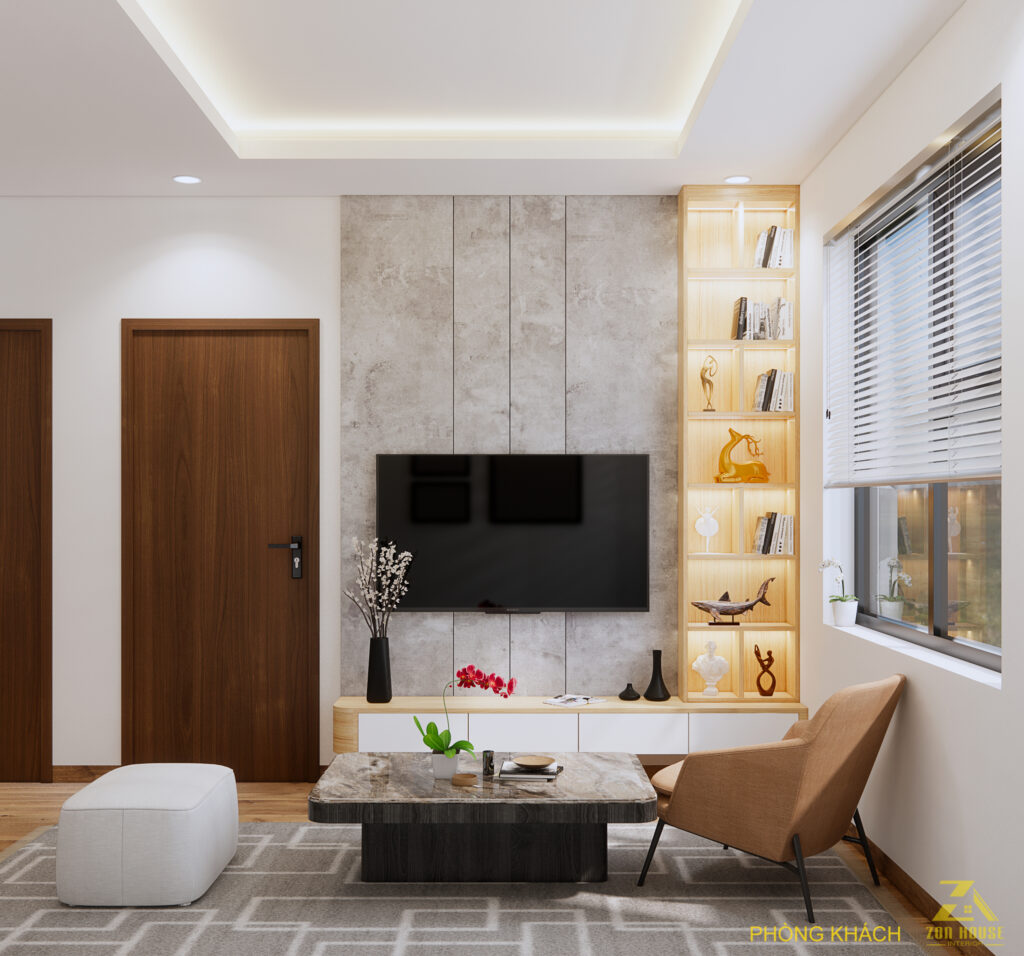 Phòng khách sở hữu phong cách hiện đại với sự kết hợp hài hòa giữa các gam màu trung tính