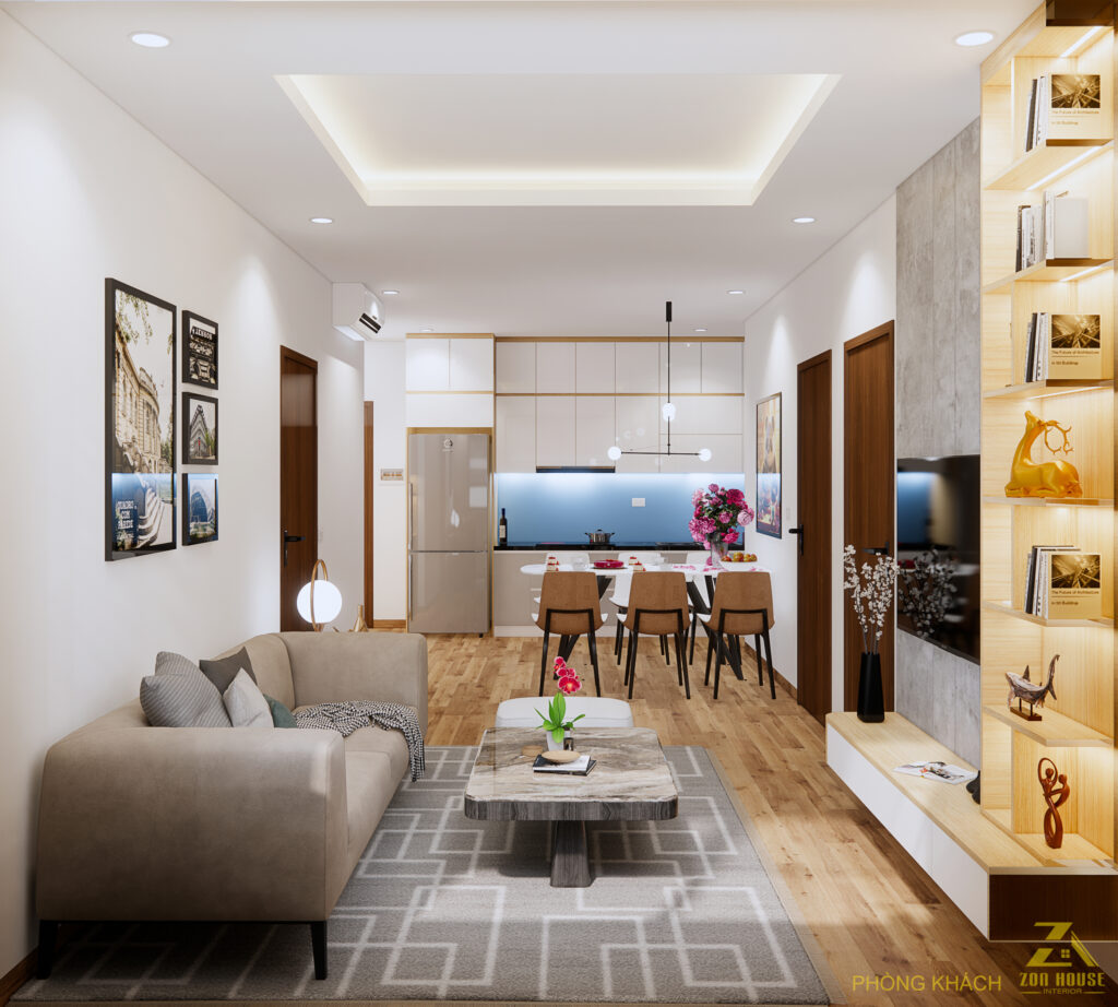 Tông màu trắng chủ đạo kết hợp cùng nội thất gỗ sáng màu tạo nên cảm giác ấm cúng và hiện đại