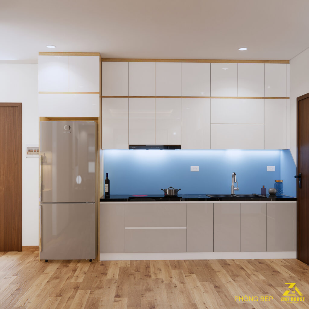 Thiết kế bếp hiện đại mang đến sự kết hợp tinh tế giữa hai tông màu trắng và xám trung tính