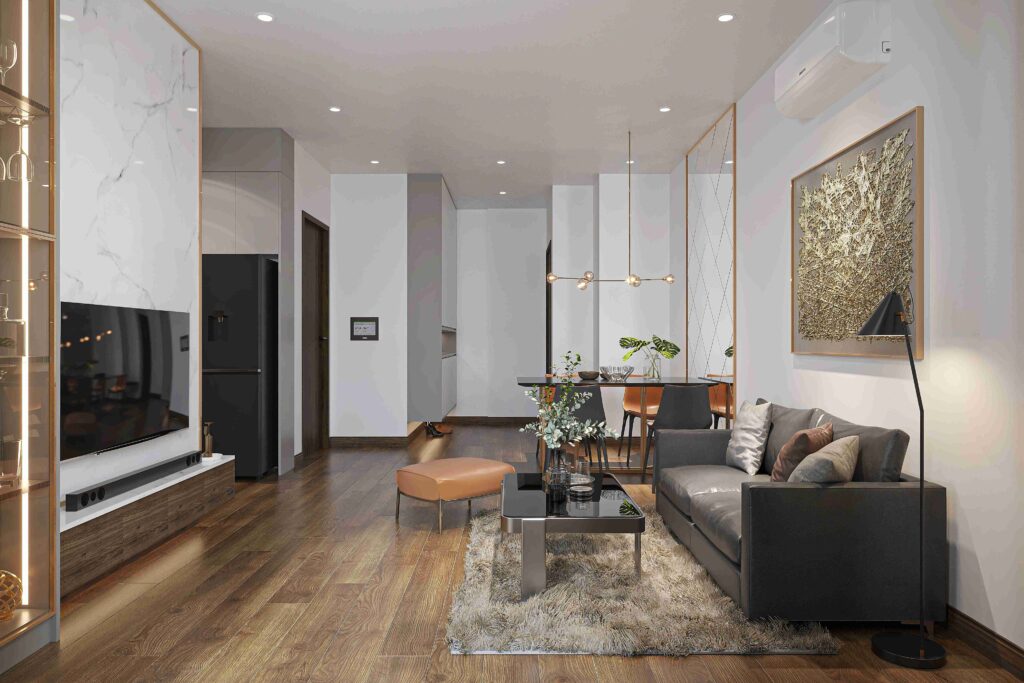 Phòng khách toát lên vẻ sang trọng với sự kết hợp giữa đá vân mây và gỗ