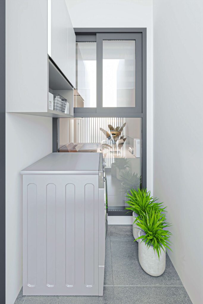 Khu vực giặt phơi được tối ưu hóa diện tích với hệ tủ lưu trữ phía trên