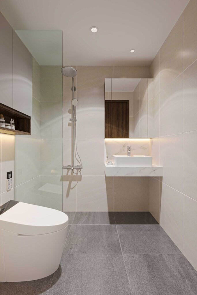 Vách kính cường lực trong suốt giúp phân chia khu vực khô và ướt một cách khoa học