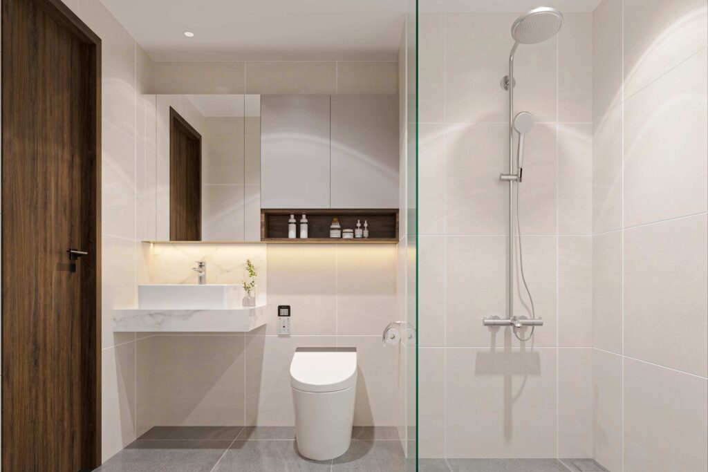 Phòng tắm được thiết kế theo phong cách hiện đại với tông màu sáng chủ đạo