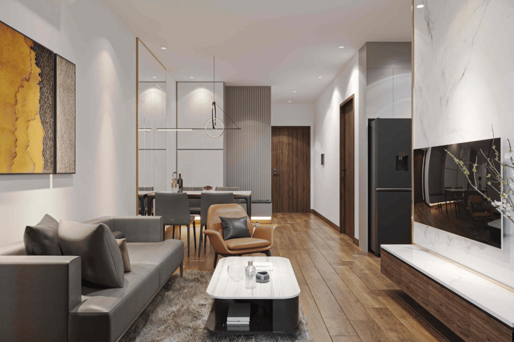 Không gian phòng khách sử dụng thiết kế hiện đại với tông màu trung tính ấm áp