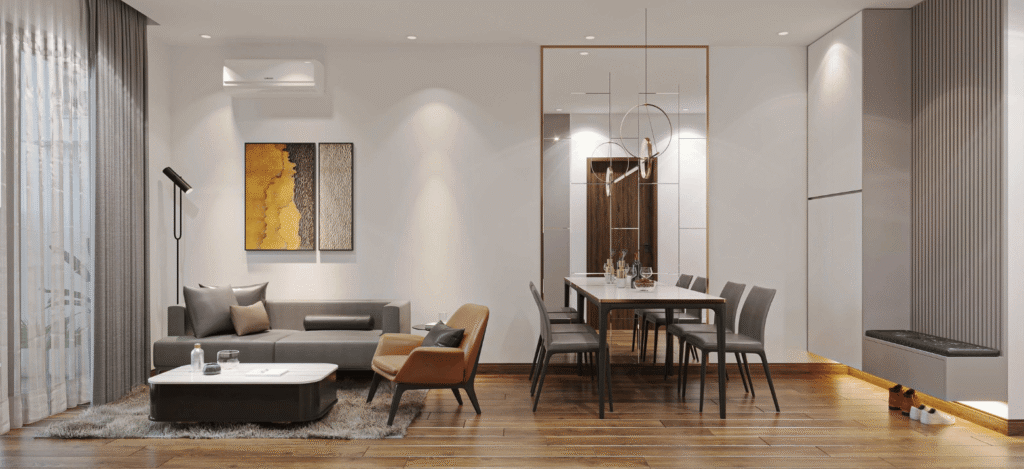 Nội thất sử dụng chất liệu gỗ và kim loại tạo điểm nhấn sang trọng