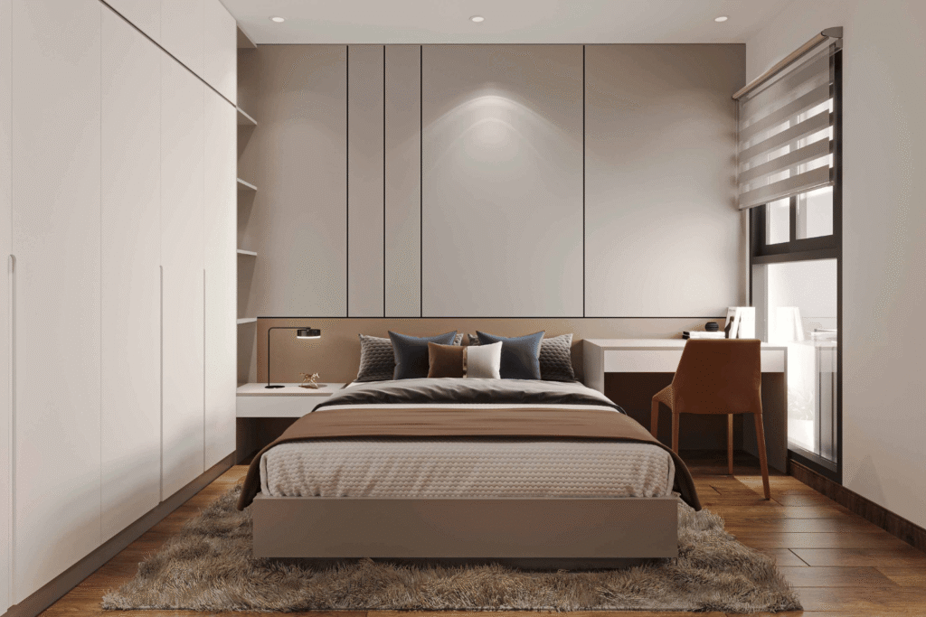 Phòng ngủ Master mang vẻ đẹp thanh lịch với tông màu trung tính chủ đạo