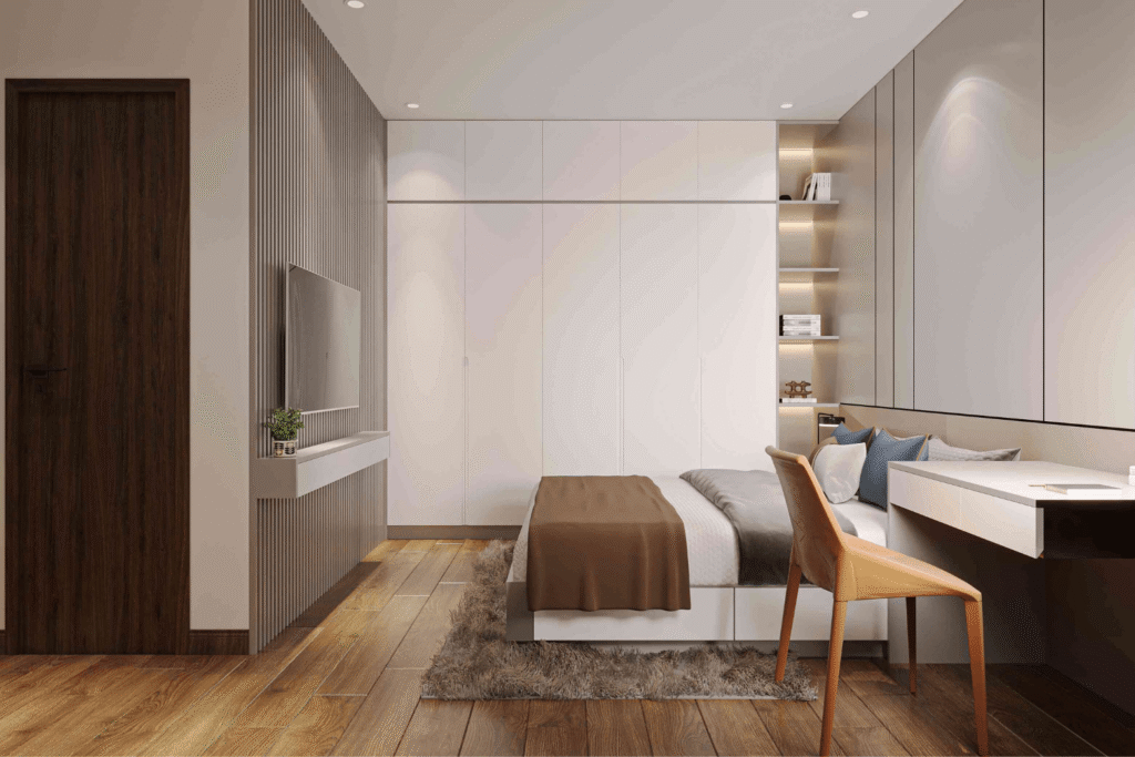 Hệ tủ quần áo kịch trần tạo nên sự liền mạch và gọn gàng cho phòng ngủ