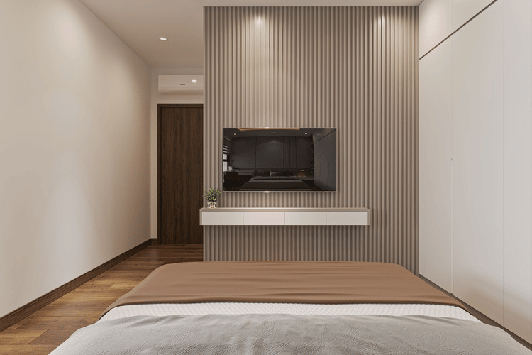 Vách nan gỗ ốp tường phía sau tivi tạo nên điểm nhấn kiến trúc độc đáo