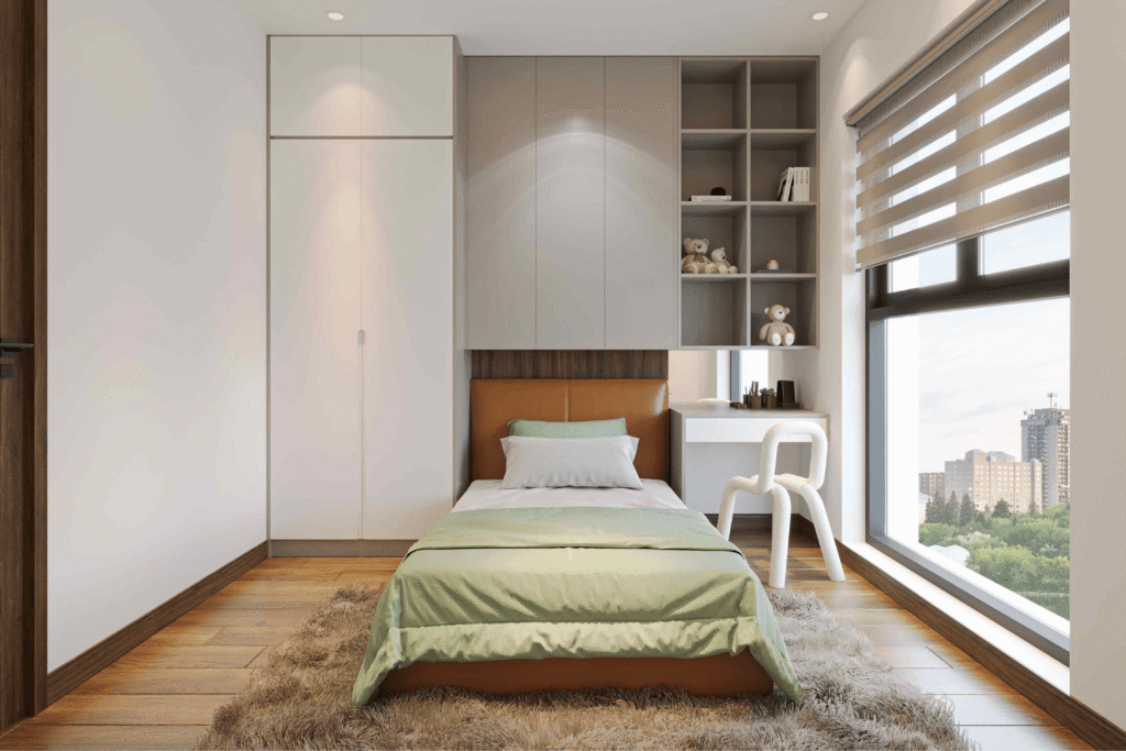 Hệ tủ kệ kết hợp đầu giường tối ưu hóa không gian cho phòng ngủ nhỏ