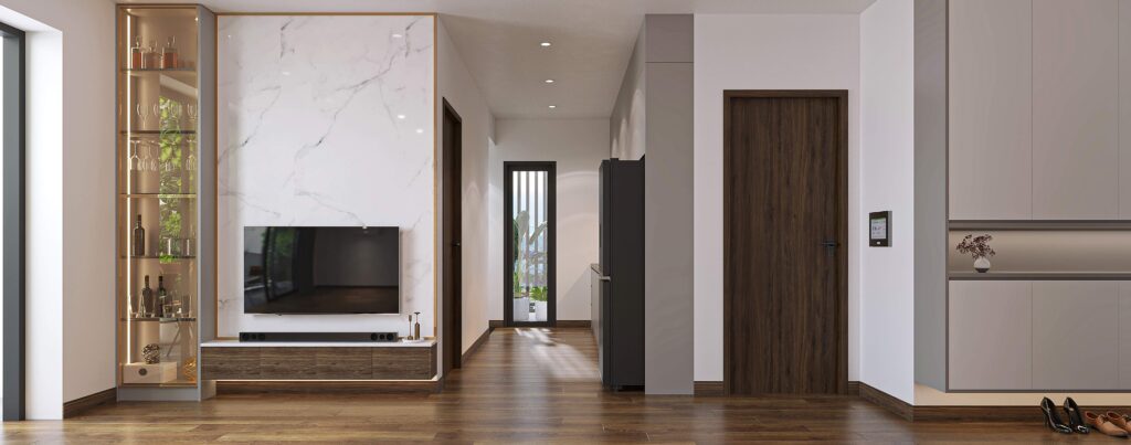 Kệ tivi treo tường vân gỗ tạo cảm giác gọn gàng và tối ưu diện tích sàn