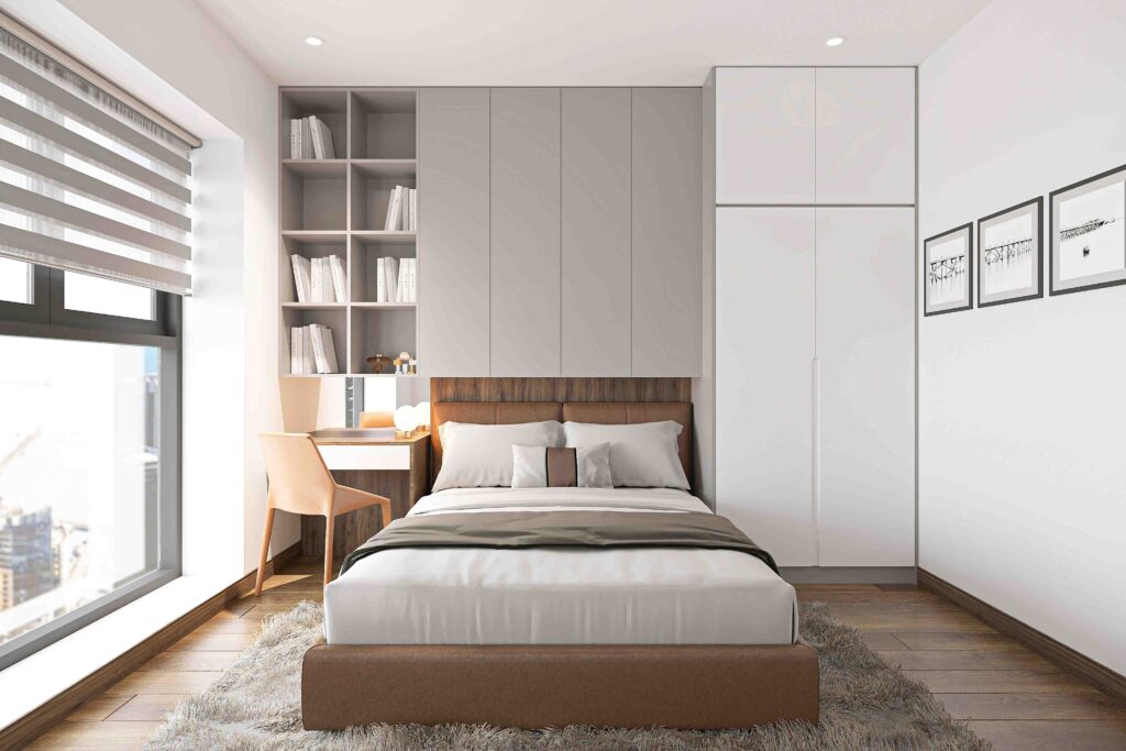 Hệ tủ kệ kịch trần kết hợp bàn làm việc giúp tối ưu hóa công năng sử dụng