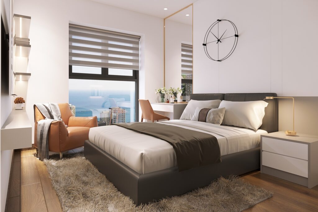 Sự phối hợp giữa thảm lông và giường bọc da cao cấp nâng tầm đẳng cấp căn phòng