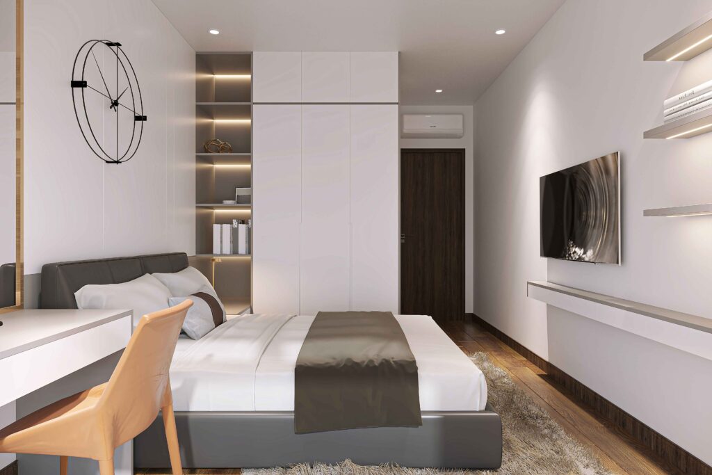 Hệ tủ quần áo kịch trần thiết kế âm tường giúp tối ưu không gian lưu trữ