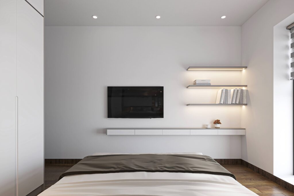 Kệ tivi treo tường thiết kế thanh mảnh giúp giải phóng không gian sàn nhà