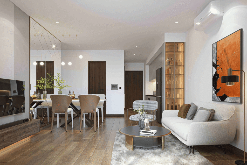 Vách đá vân mây kết hợp hệ tủ gỗ tạo nên vẻ đẹp sang trọng cho phòng khách