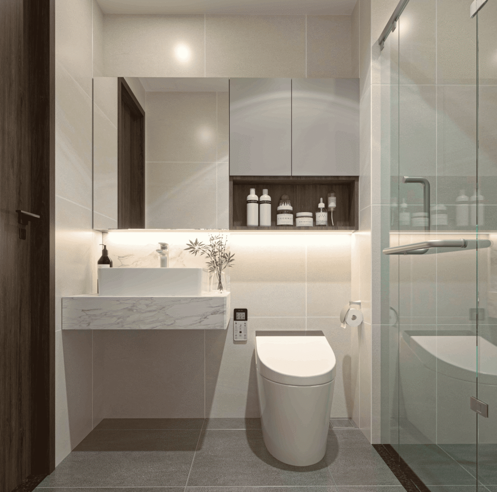 Nhà vệ sinh sở hữu thiết kế hiện đại với tông màu sáng giúp không gian trông rộng rãi hơn