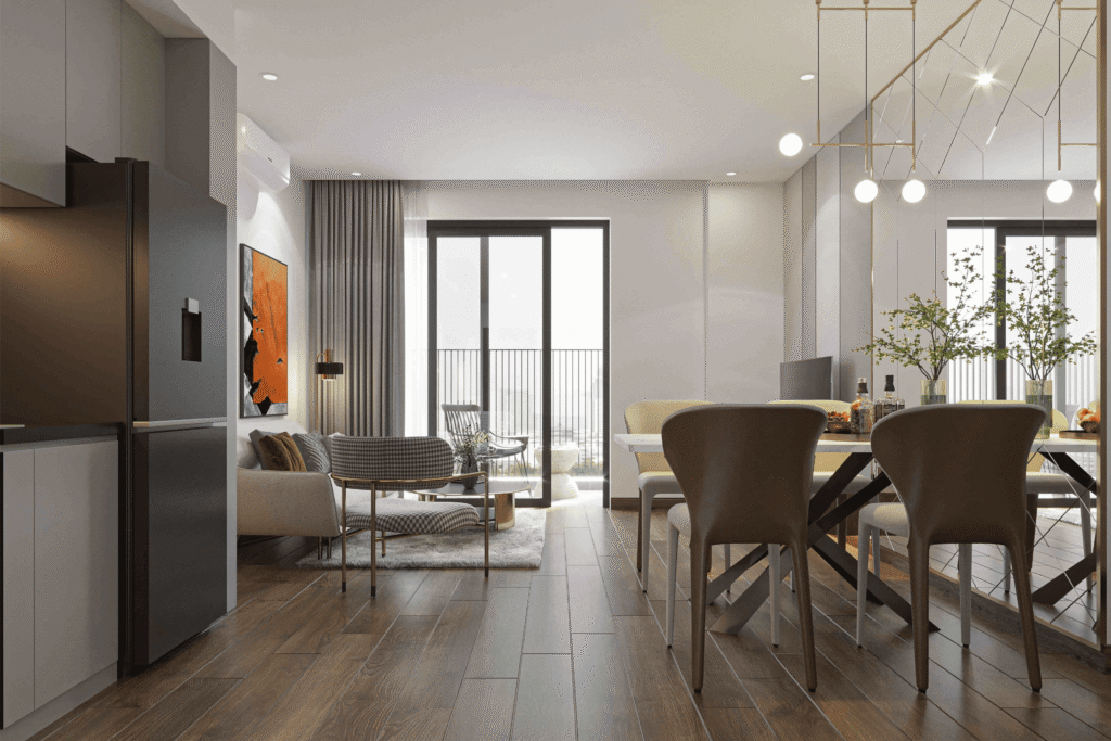 Khu vực bàn ăn và tủ rượu sang trọng