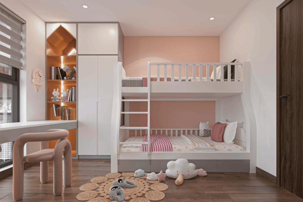 Giường tầng màu trắng kết hợp mảng tường hồng tạo nên không gian ngủ lý tưởng cho trẻ
