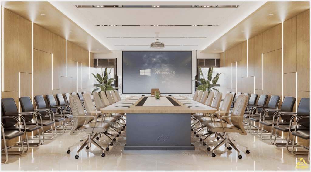 Phòng họp mang vẻ đẹp đẳng cấp nhờ sự kết hợp giữa vật liệu gỗ và ánh sáng âm tường