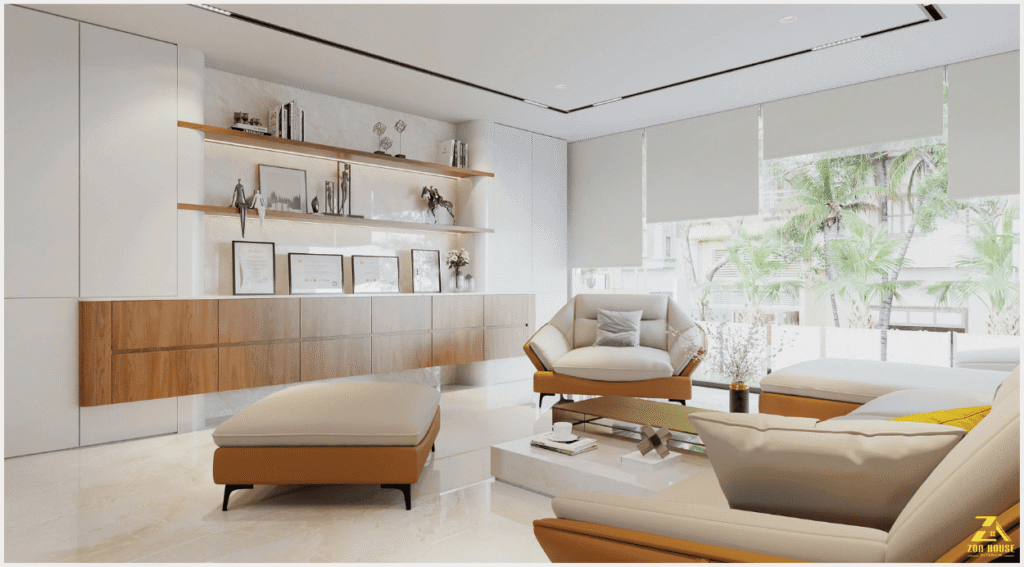 Hệ tủ kệ kịch trần kết hợp cùng gỗ công nghiệp màu sáng mang đến vẻ đẹp tối giản cho căn phòng