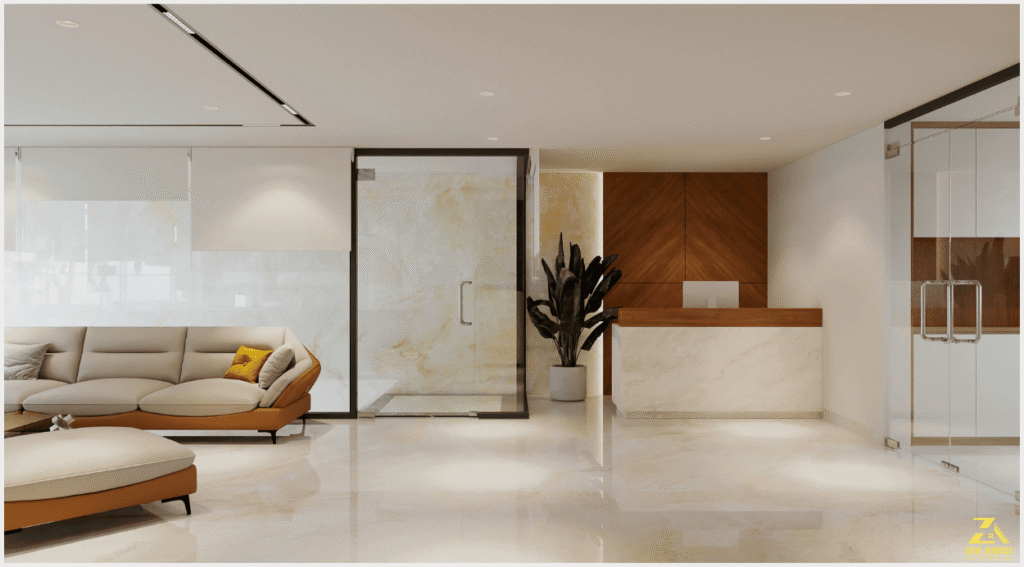 Không gian sảnh chờ toát lên vẻ sang trọng với chất liệu đá marble sáng bóng