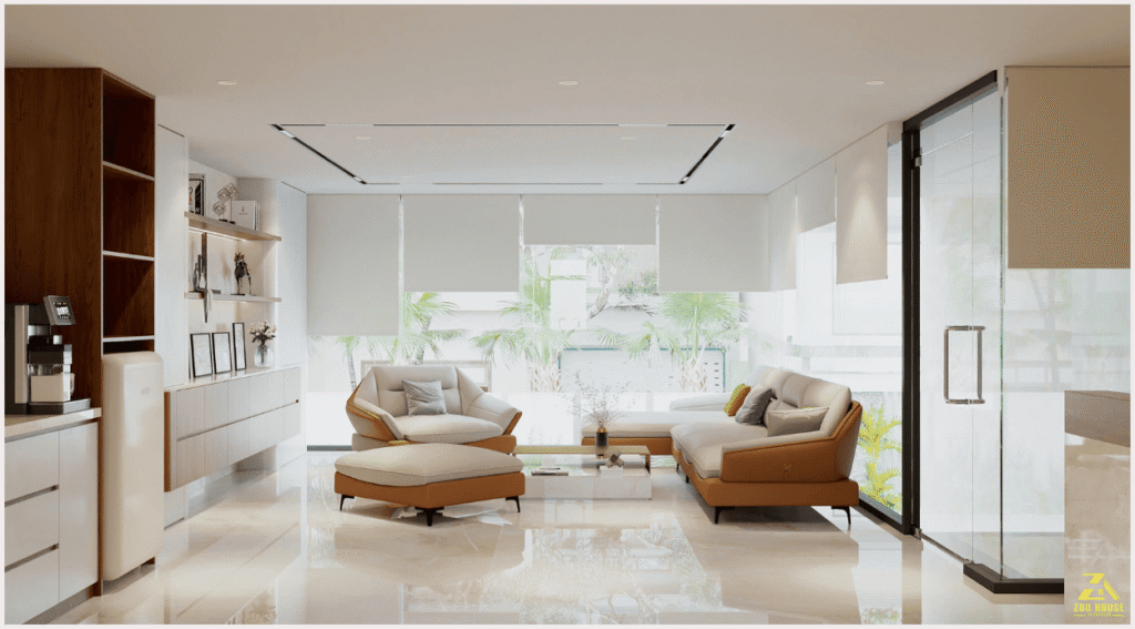 Bộ sofa da cao cấp với tông màu cam đất trở thành điểm nhấn sang trọng cho khu vực tiếp khách