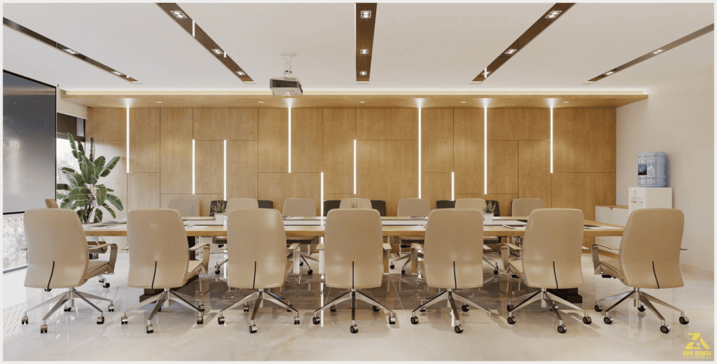 Hệ thống đèn led âm vách chạy dọc theo các tấm ốp gỗ tạo nên điểm nhấn hiện đại cho không gian