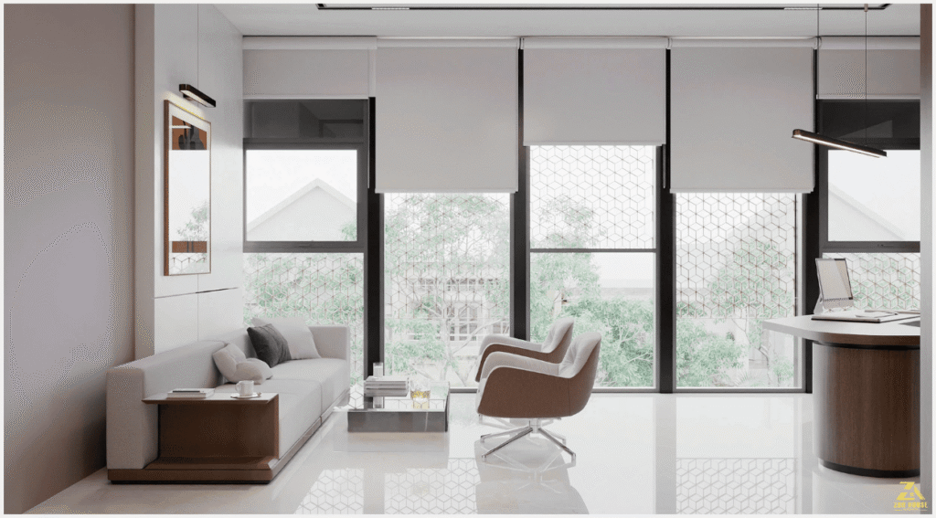 Góc tiếp khách được bài trí tinh tế với bộ sofa chữ I cùng ghế đơn mang phong cách hiện đại