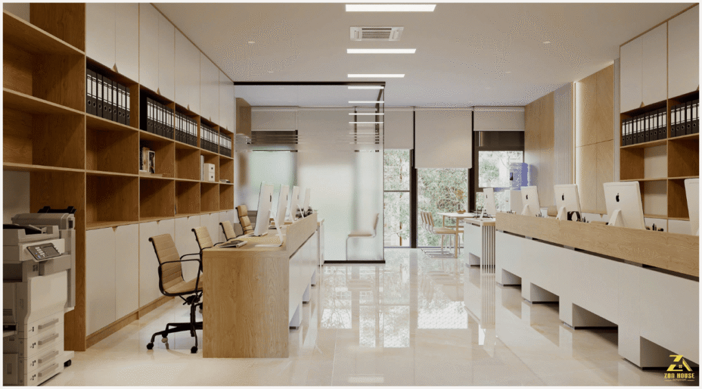 Thiết kế văn phòng sử dụng lối bố cục đối xứng tạo ra sự cân bằng và chuyên nghiệp cho không gian làm việc