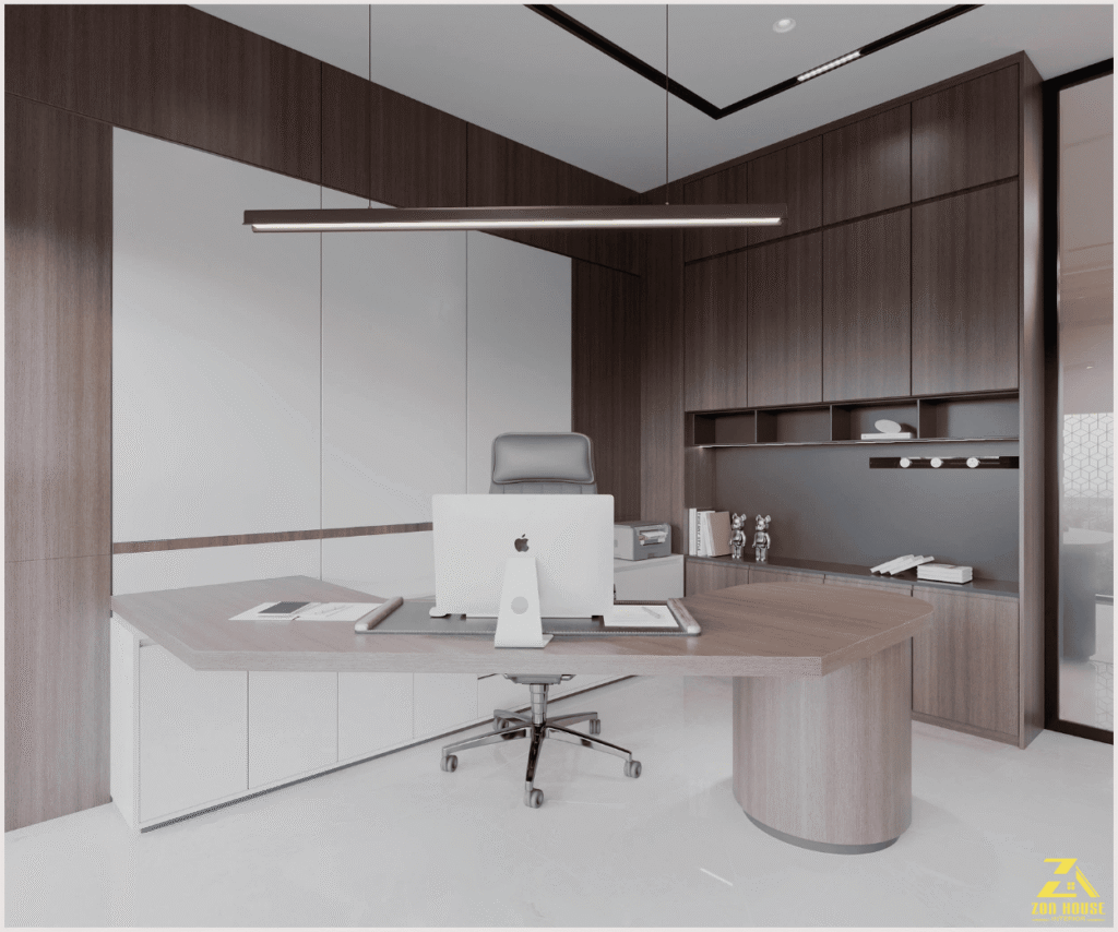 Thiết kế văn phòng lãnh đạo này sử dụng tông màu gỗ tối tạo nên vẻ đẹp đẳng cấp và quyền lực