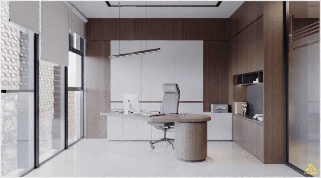 Mẫu bàn làm việc với kiểu dáng độc đáo được đặt tại trung tâm nhằm khẳng định vị thế của người sử dụng