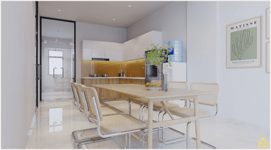 Khu vực ăn uống sử dụng bộ bàn ghế gỗ màu sáng tạo cảm giác ấm cúng và gần gũi cho nhân viên