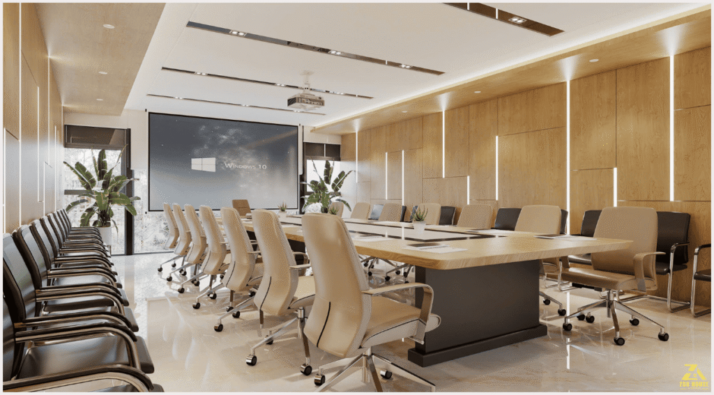 Hệ thống màn hình chiếu lớn và máy chiếu được tích hợp tinh tế phục vụ tối đa cho các buổi hội thảo