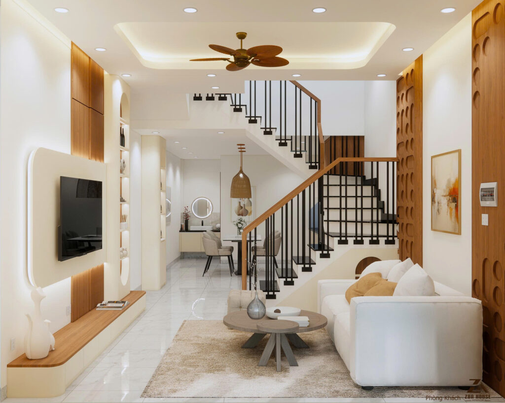 Khu vực bếp và bàn ăn được thiết kế mở liên thông với phòng khách tạo cảm giác rộng rãi và tiện nghi