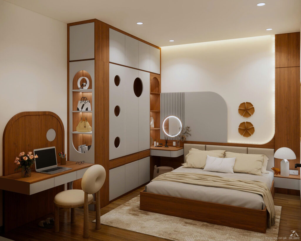 Góc học tập và làm việc được bố trí liền kề tủ áo với chiếc ghế có kiểu dáng lạ mắt