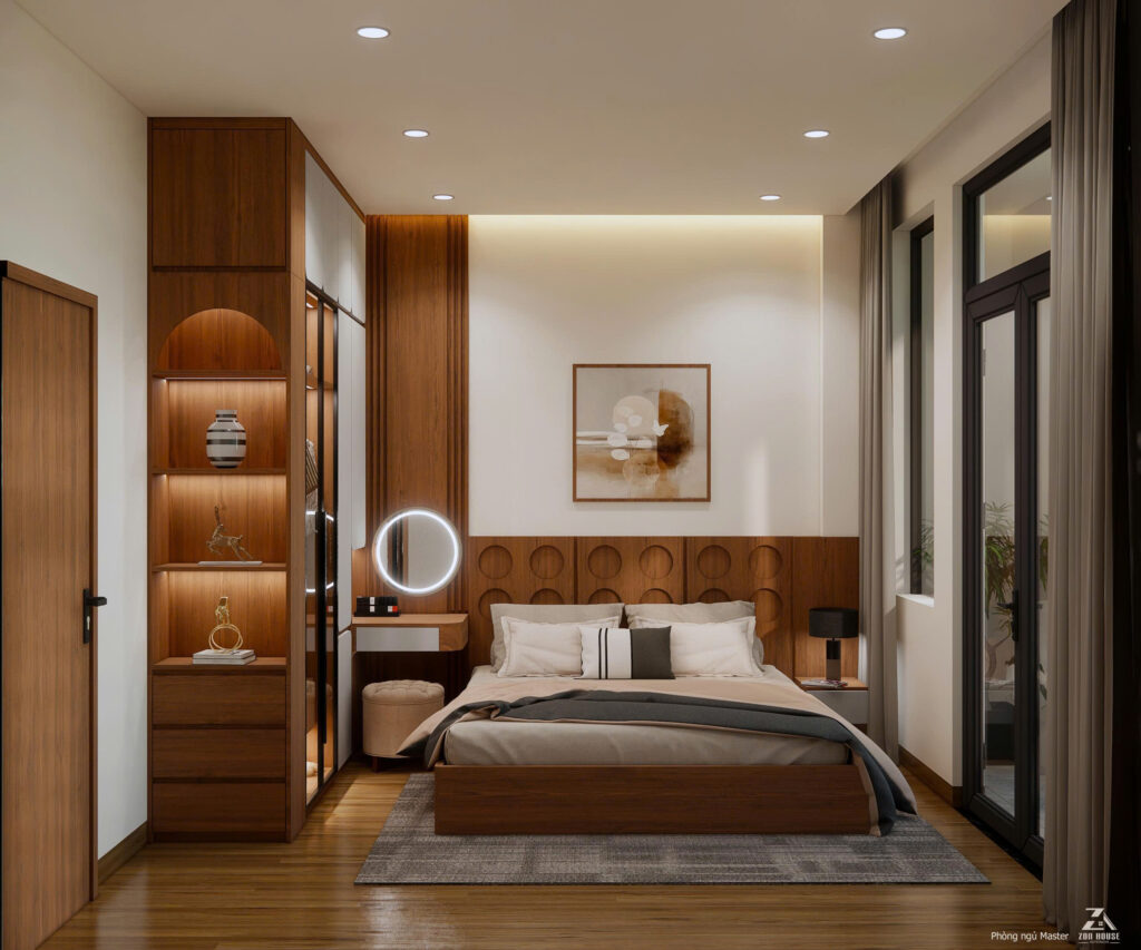 Phòng ngủ mang vẻ đẹp sang trọng với hệ tủ quần áo kịch trần kết hợp kệ trang trí bằng gỗ