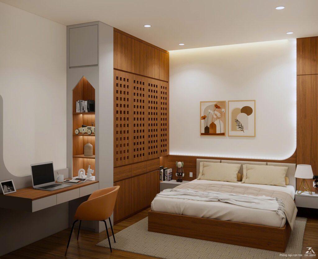 Hệ tủ quần áo kịch trần có thiết kế cánh đục lỗ độc đáo giúp không gian lưu trữ trở nên thông thoáng
