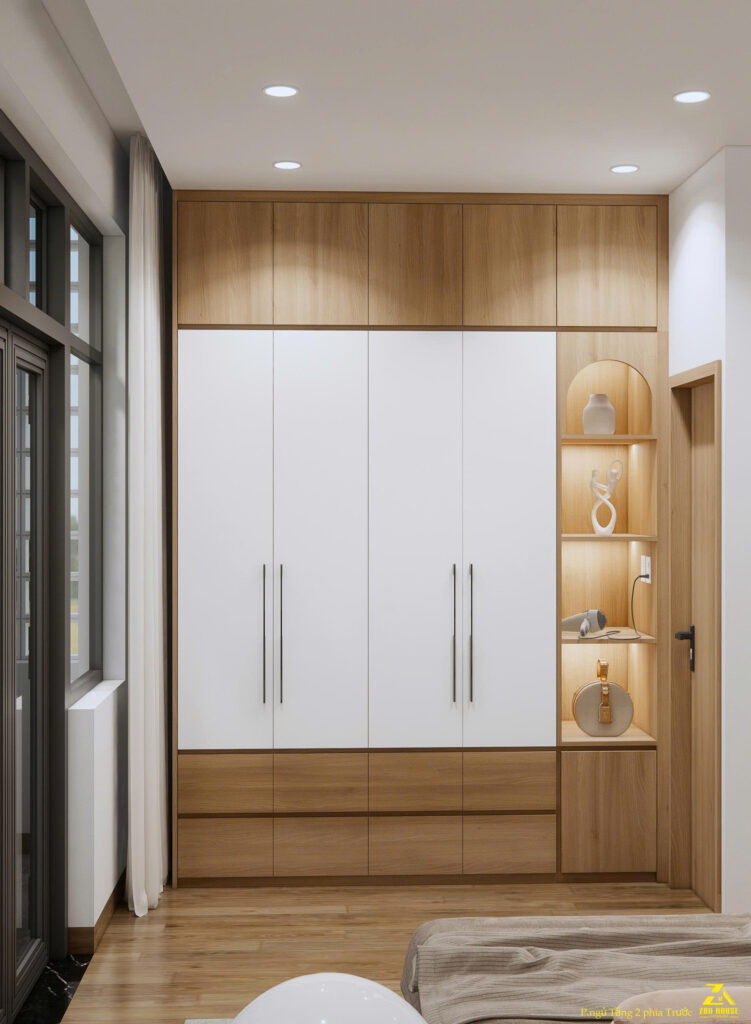 Hệ tủ quần áo kịch trần kết hợp ngăn kệ trang trí tạo nên sự gọn gàng cho lối vào