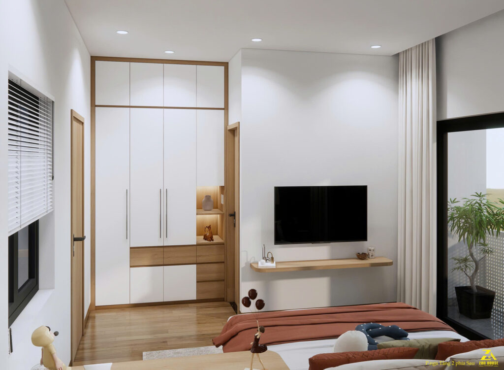 Hệ thống tủ và kệ tivi được bố trí thông minh giúp giải phóng diện tích mặt sàn một cách tối đa