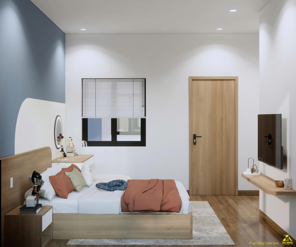 Hệ cửa sổ nhỏ kết hợp rèm sáo bố trí cạnh giường mang lại nguồn sáng vừa đủ