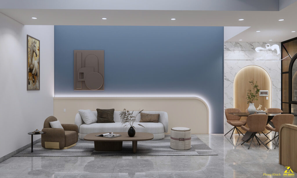 Phòng khách nổi bật với mảng tường xanh phối cùng sofa trung tính hiện đại