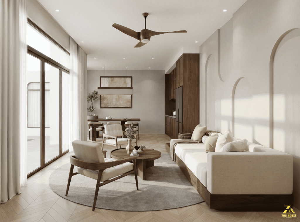 Không gian phòng khách liền bếp mang đậm phong cách tối giản