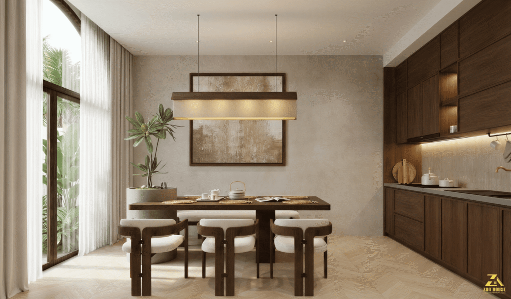 Khu vực bàn ăn sở hữu thiết kế ấm cúng nhờ chất liệu gỗ chủ đạo