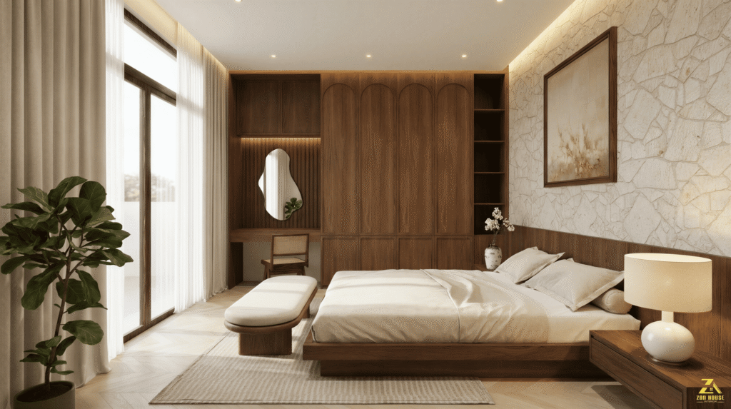 Góc trang điểm được bố trí khéo léo bên cạnh hệ tủ quần áo kịch trần