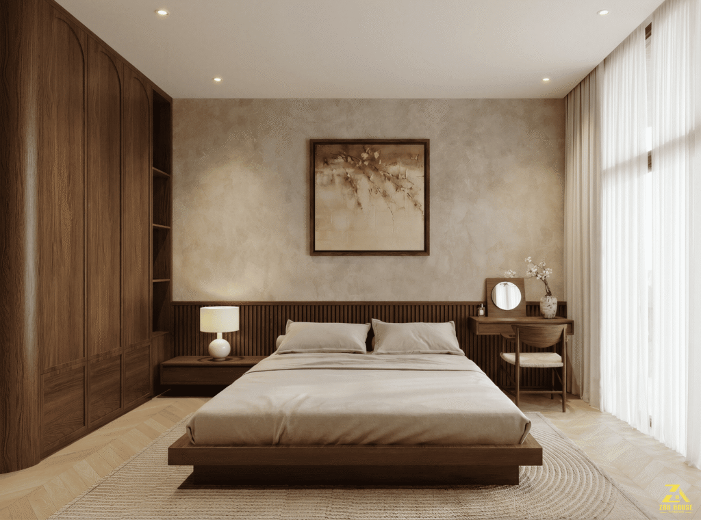 Phòng ngủ mang phong cách hiện đại với thiết kế giường bục gỗ tối giản