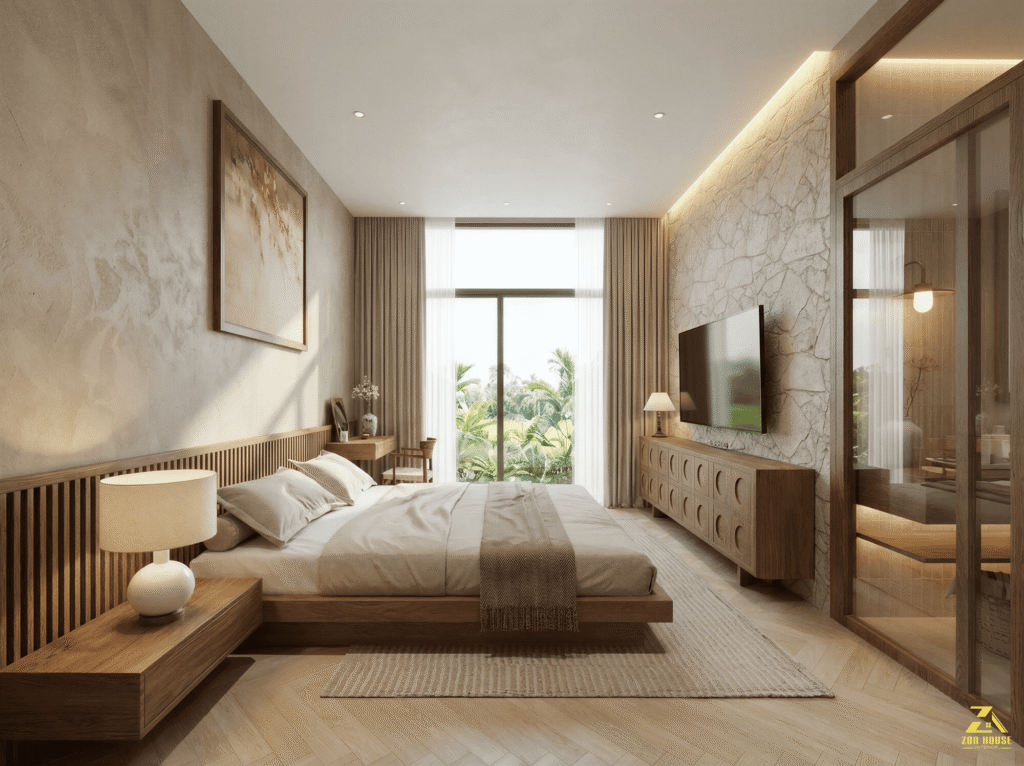 Cửa kính lớn mở ra tầm nhìn xanh mát hướng thẳng ra khuôn viên sân vườn