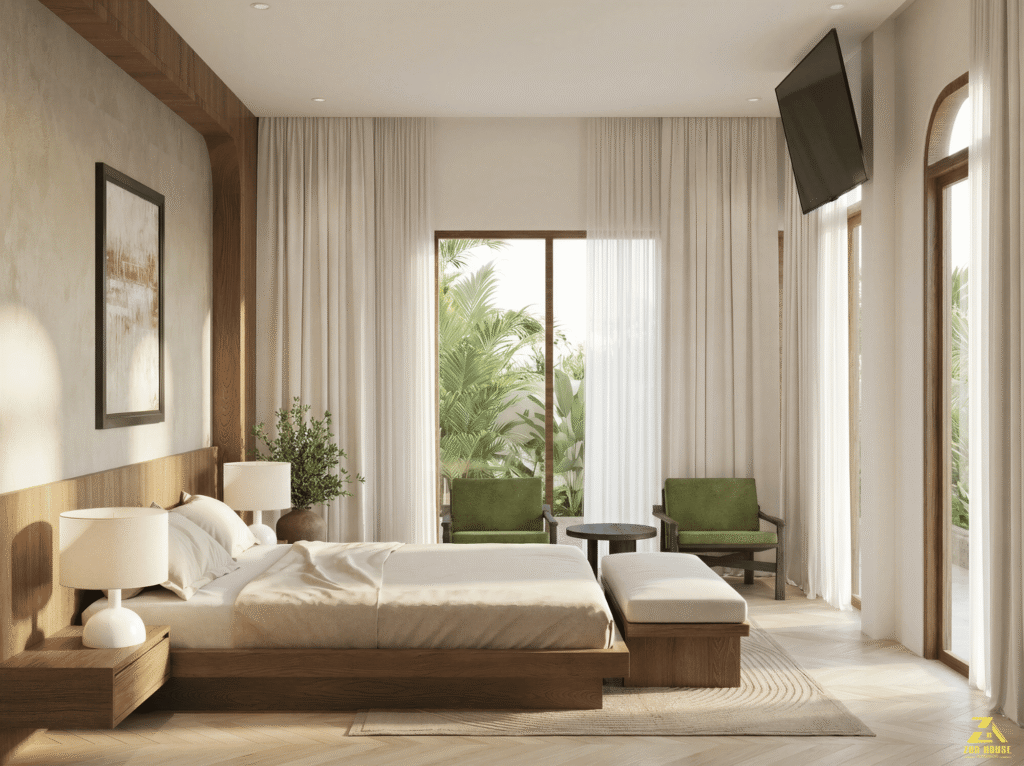 Cặp ghế thư giãn màu xanh lá tạo điểm nhấn thiên nhiên tươi mát cho phòng ngủ