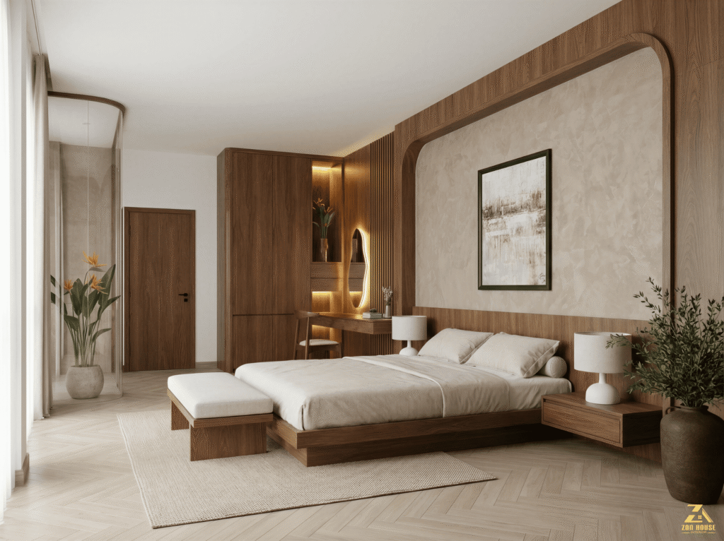 Tủ quần áo đặt cạnh bàn trang điểm giúp tối ưu công năng sử dụng góc phòng